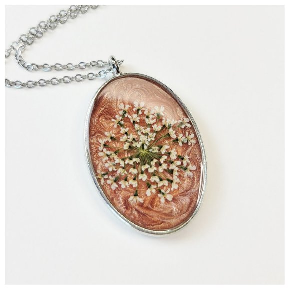 Floral Pendant Necklace Metallic Copper and Cream Pressed Dried Flower Pendant - Picture 3 of 10